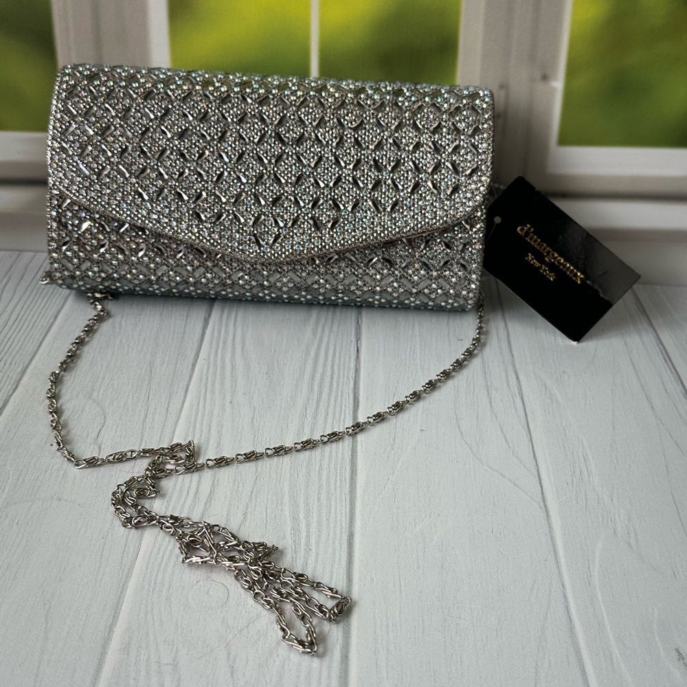 NWT Cocktail Silver Clutch Iridescent Embellished Sparkle Chain Shoulder Bag